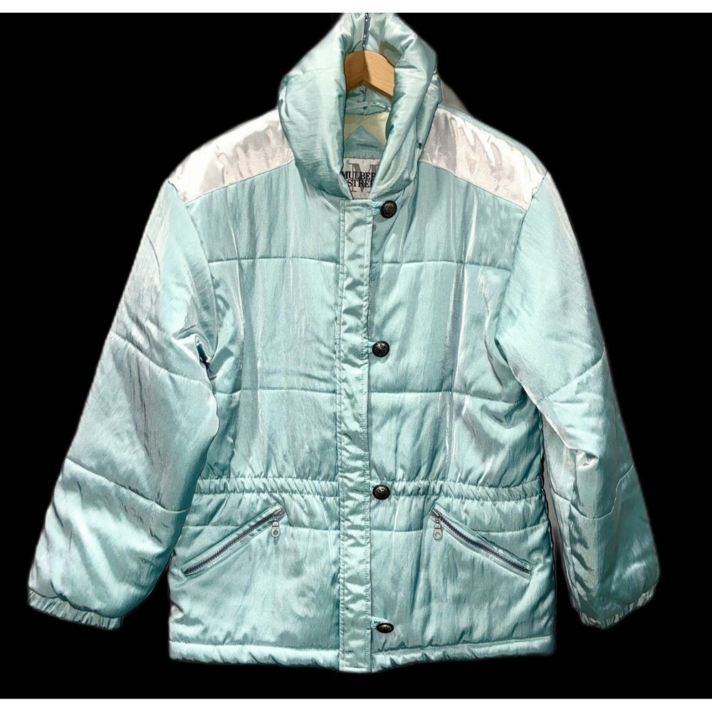 Y2K Lined Quilted Puffer Zip Jacket Coat Seafoam Iridescent Shimmer Après Ski S